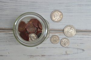 Coins in jar.