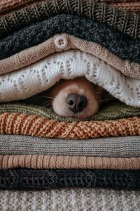 Dog underneath sweaters.