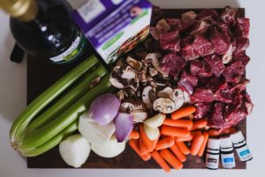 Meat and vegetables to prepare.