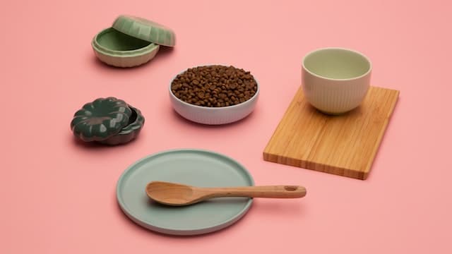 Assortment of dishes for serving kibble (dry dog food).