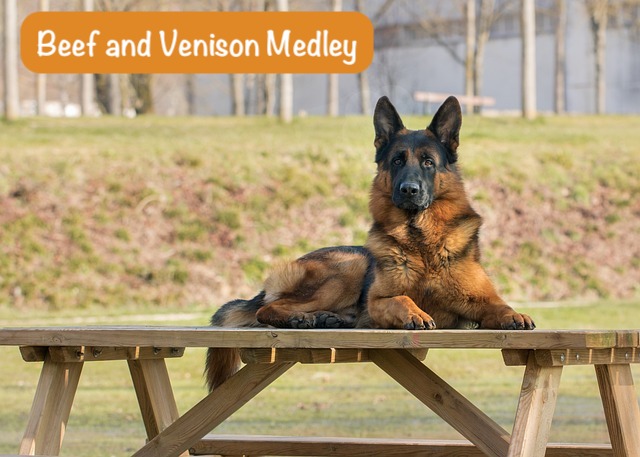 perfect dog is lying on the wooden table with text Beef and Venison Medley